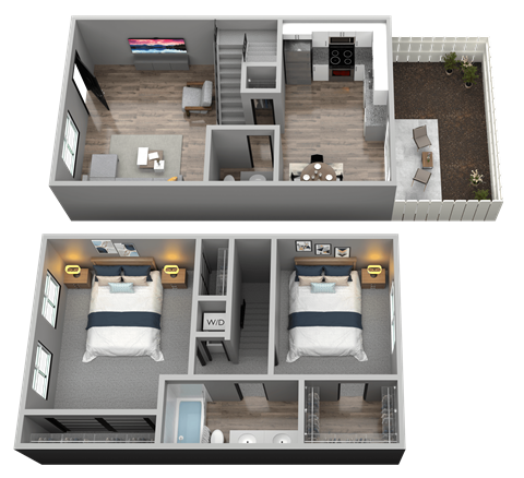 A 3D floor plan of a house with two bedrooms and a living area.